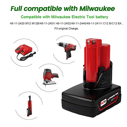 VANTTECH 2-Pack 12v 6.0Ah Lithium Battery for Milwaukee 12-Volt Cordless Power Drill Tools XC 48-11-2440 48-11-2402 48-11-2411