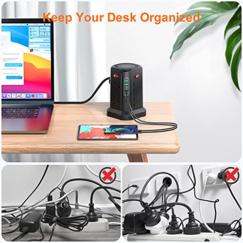 Tower Extension Lead 5M, bedee Plug Extension with 5 USB Slots (1 USB C /18W Fast Charging) and 8 Outlets, Surge Protector Power Strip Tower for TV PC Laptops iPhones with 5M Extension Cord, Black