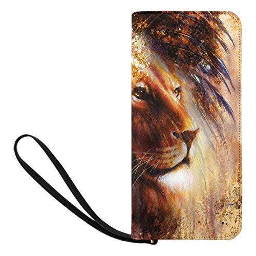 InterestPrint Women's Indian Woman Wearing Feather Headdress with Lion Clutch Wallet with Card Holder Cash Pocket Wrist Strap