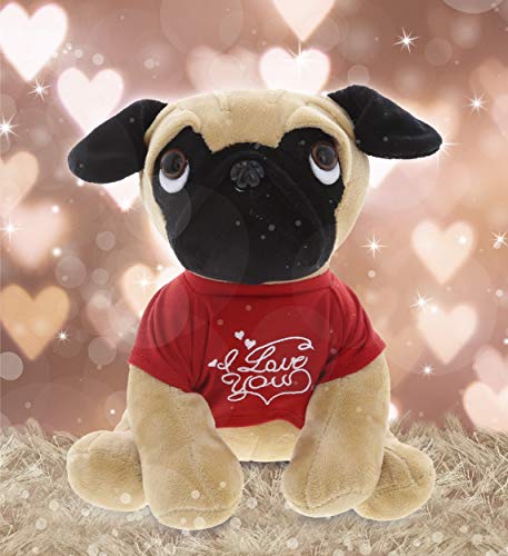 DolliBu Pug Dog with I Love You Message T-Shirt Stuffed Animal 10 Inch, for Boyfriend or Girlfriend, Cute Teddy Bear with Heart Plush Toy for Friend, Anniversary or Valentine Gift