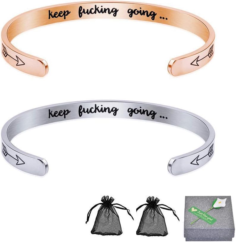 SwirlColor Keep Going Bracelet Silver Rose Gold Cuff Bangle Bracelet Engraved Inspirational Gifts for Women Friends Couple 2 pcs