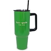 kate spade new york 40 Ounce Tumbler with Handle and Straw, Cupholder Friendly, Double Wall Stainless Steel Insulated Cup, Green