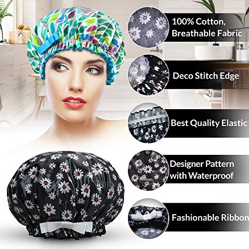 Waterproof Reusable Women Shower Caps 100% Cotton Print Bath Caps Hat Long Hair Perfect for Women - Thumbnail 4