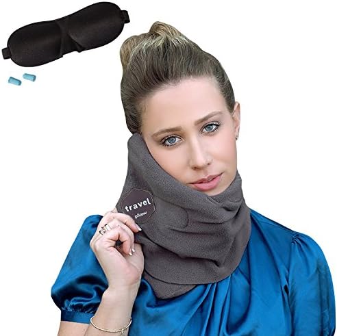 Travel Pillow，Soft Neck Support Pillow with 3D Eye Mask and Earplugs-Lightweight, Attachable to Luggage-Specially Designed for Airplanes, Cars, Buses, Trains, Office Napping (Grey)