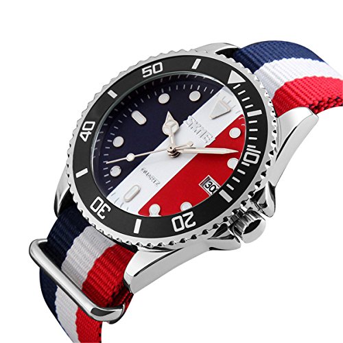 Men's Nylon Strap Watch Unique Analog Quartz Waterproof Business Casual Big Face Dress Wrist Watch with Blue White Red Striped Canvas Band