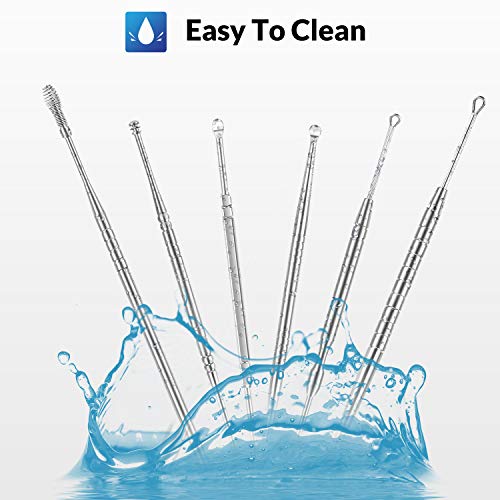 Ear Wax Removal Tool,Ronten 6pcs Ear Candles Stainless Steel Curette Earwax Removal Kit with Storage Box and Cleaning Brush, Silver