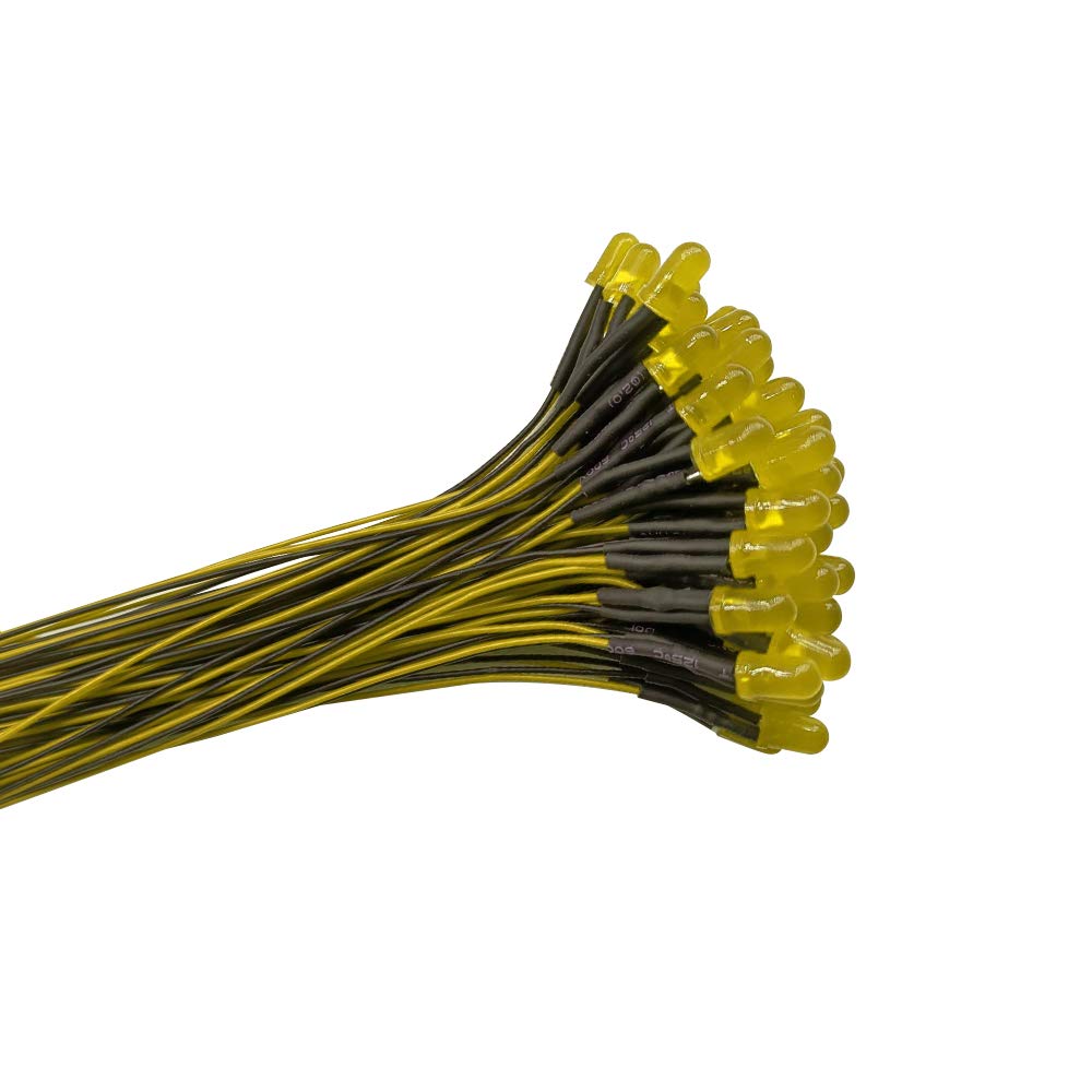 YIXISI 50 PCS 5mm LED Diodes Light with Diffused Colored Lens, Ultra Bright 12V 20cm Pre Wired, Yellow