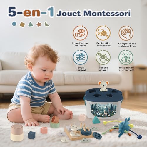 Generic Baby Toy 6 Months and Above, 5 in 1 Montessori Toy, Sensory Baby Games with Sorting Shapes and Stacking, Xylophone, Silicone Pull Rope Set, Stackable Cups, Baby Gift 6, 8, 9, 12 Months