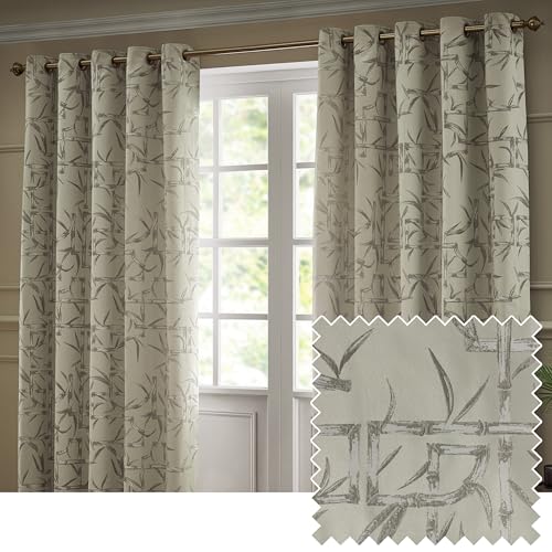 Paoletti Bamboo Eyelet Curtain Pair – Lined Room Darkening Geometric Jacquard Luxury Curtains (Champagne - 229x137cm)