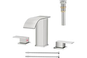AVSIILE Waterfall Bathroom Faucet 3 Hole, Brushed Nickel 8 Inch Widespread Modern 3 Piece Bathroom Sink Faucet, Touch On Lavatory Faucet for Vanity RV Restroom, Curved Spout