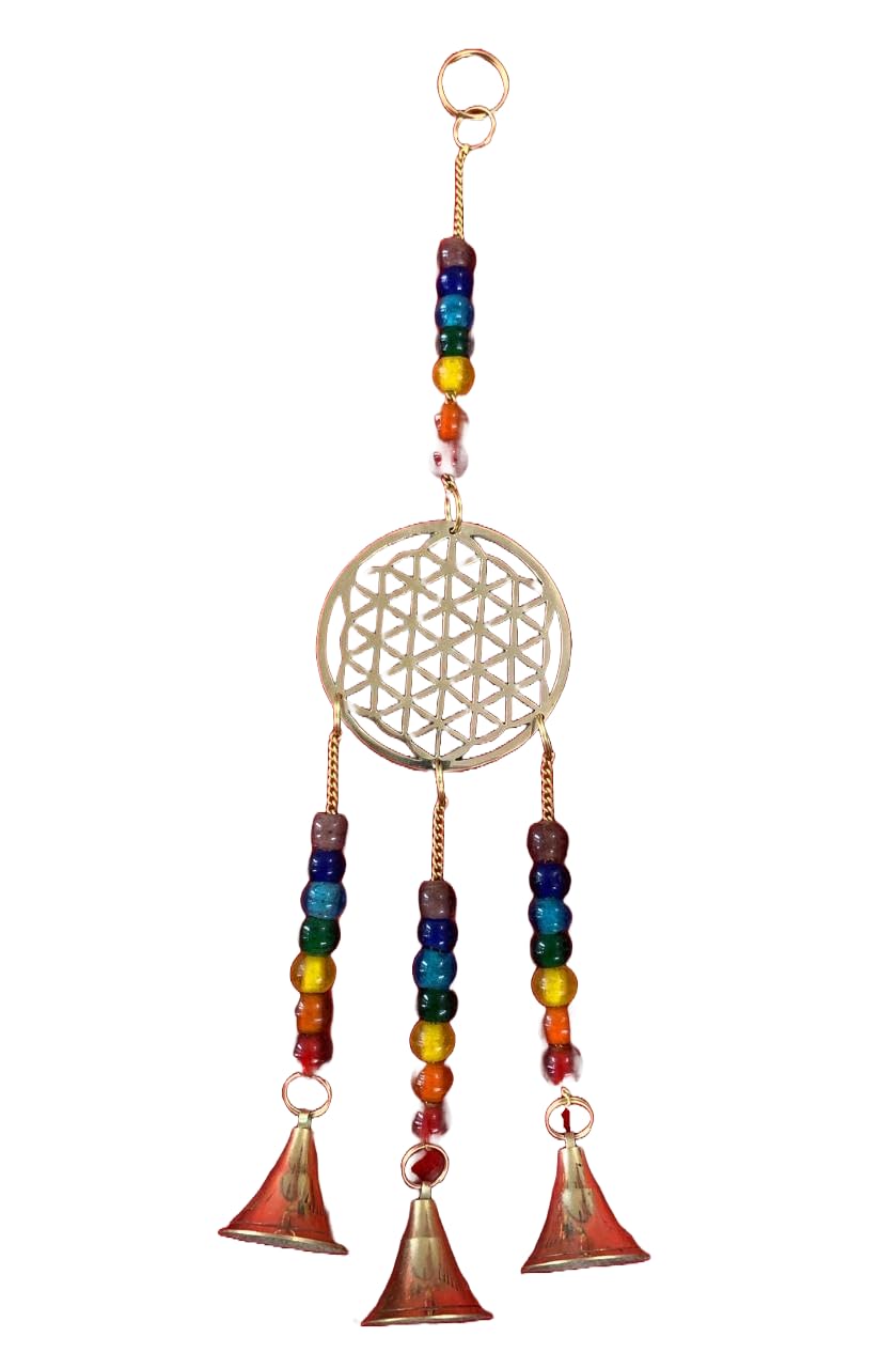 Indian Consigners Flower of Life Brass Wind Chime Bell – Small Witchcraft Altar Hanging for Home Décor, Wiccan Ritual, Pagan or Spiritual Space