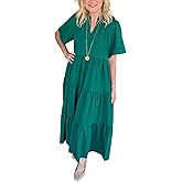 Womens Tiered Maxi Dress Summer Casual V Neck Short Sleeve Long Flowy A line Dresses for Women