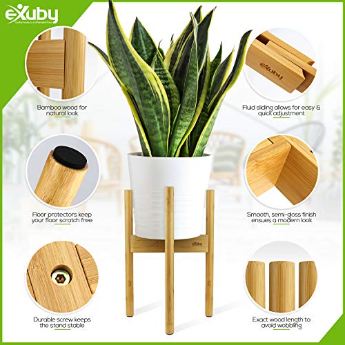 eXuby - 2-Pack Adjustable Wooden Plant Stands Indoor & Outdoor - Bamboo Construction in Mid-Century Design - Fits Pots 8.5" to 11.5" Wide - Adjustable Height - 4 Floor Protectors - Pot Not Included - Thumbnail 4