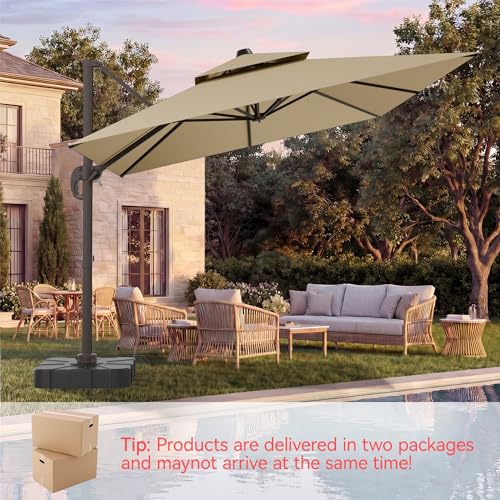 9x12 FT Patio Umbrella with base, Large Cantilever Rectangular Double Top Heavy Duty Offset Umbrellas with 360° Rotation, Outdoor shade for Garden Deck Pool, Beige