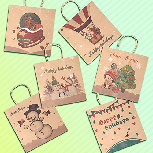Christmas Gift Bags Bulk Set - 24 Count Kraft Gift Bags with Assorted Christmas Prints, Christmas Goody Bags with Handles for Xmas Gift Wrapping, Classrooms & Party