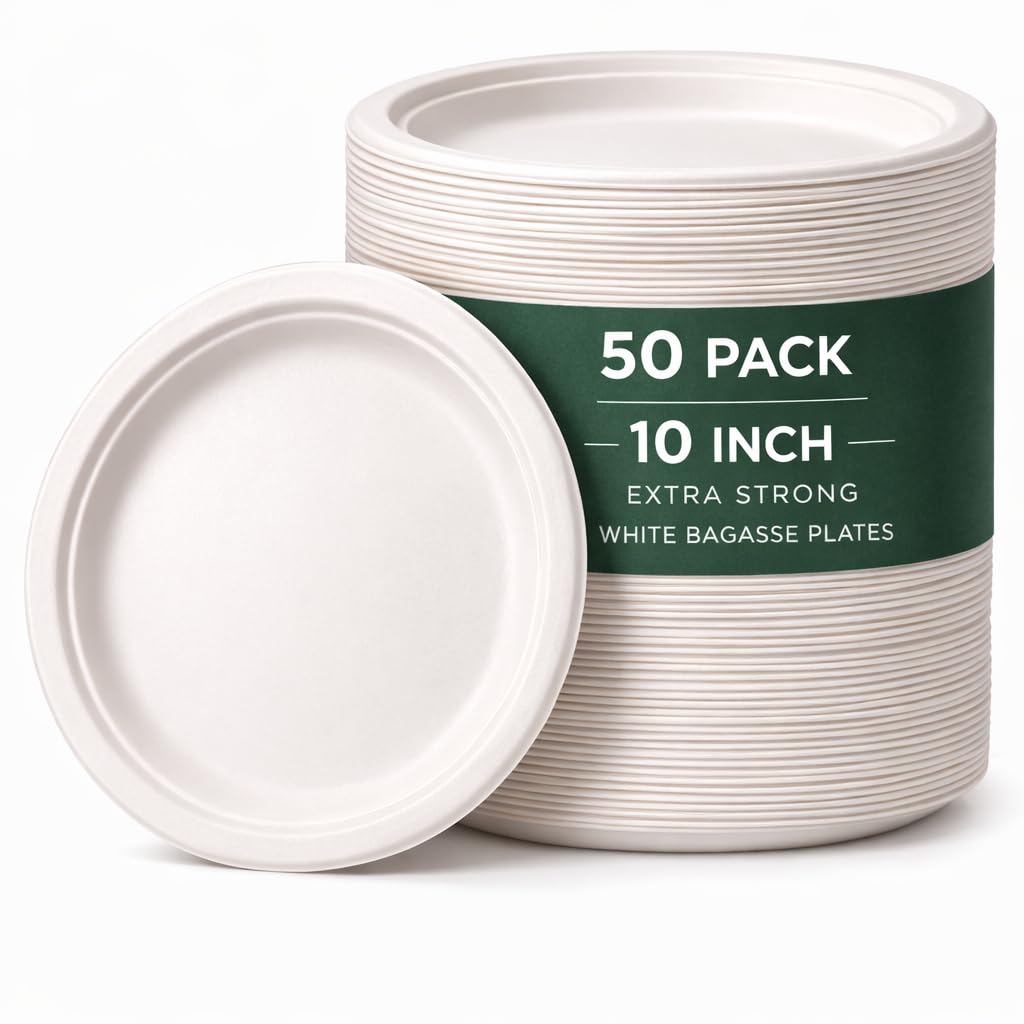 1ABOVE 50 Pack Extra Strong White Disposable Bagasse Plates, 100% Compostable and Biodegradable, Made from Sugarcane Fibre, Perfect for BBQ, Wedding, Office, Picnics and Parties (10 INCH)