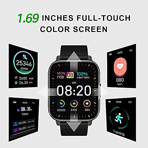 Montre Connectée Homme Femme 1,69\'\'Smartwatch Moniteur Sommeil/Fréquence Cardiaque Montre Sport 24 Modes Bracelet Connecté Etanche IP67 Montre Intelligente Podomètre Chronometre pour iOS Android