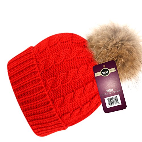 Womens Girls Knitted Fur Hat Real Large Raccoon Fur Pom Pom Beanie Hats,BN2354/RED,One Size - Thumbnail 2
