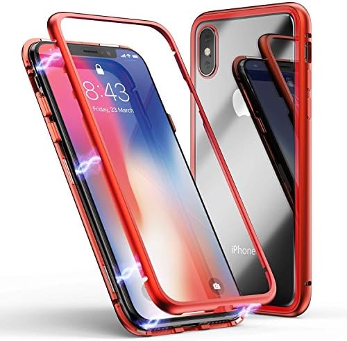 Folice iPhone Xr Case, Ultra Slim Shockproof Metal Frame Build-in Magnet + Tempered Glass Back Case Cover [Magnetic Adsorption] [Support Wireless Charging] for Apple iPhone Xr 6.1" (Clear Red)