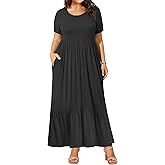 BASQDOV Plus Size Dresses for Women Summer Casual Short Sleeve Crewneck Aline Swing Flowy Tiered Maxi Long Dress with Pockets