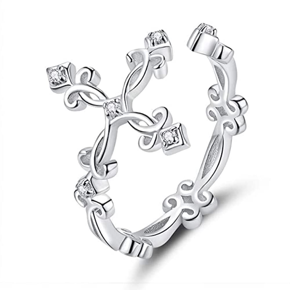 Faith CZ Cross 925 Sterling Silver Open Statement Rings Adjustable Eternity Wedding Band Fashion Dainty Filigree Flower Ring for Women Teen Girls