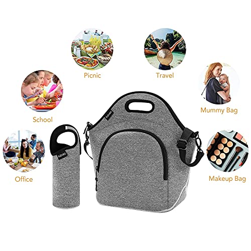 Neoprene Lunch Bag, Ruboka Lunch Tote Insulated Lunch Bag, Large Lunch Tote Bags Reusable Lunch Box With Adjustable Detachable Shoulder Straps For Outdoor/School/Picnic/Work 13.5”x 13.5”x 6.5”,Grey