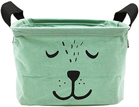 Small Foldable Storage Basket with Handles, Cotton Linen Storage Bin Organizer for Nursery Kids Shelves &amp; Desks (Lovely Smile, Cyan)