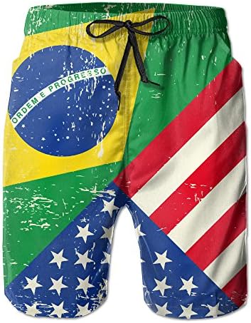 MYKJ USA Brazil Flag Summer Casual Quick-Dry Board Shorts Swim Trunks Drawstring Striped Side Pockets