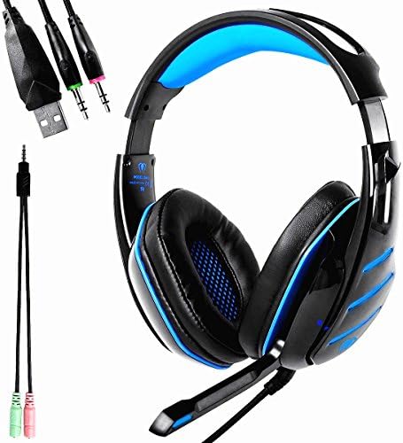 Gaming Headset GM-3 with Microphone for New Xbox 1 PS4 PC Cellphone Laptops Computer - Surround Sound, Noise Reduction Game Earphone-Easy Volume Control with LED Lighting 3.5MM Jack(Black+Blue)