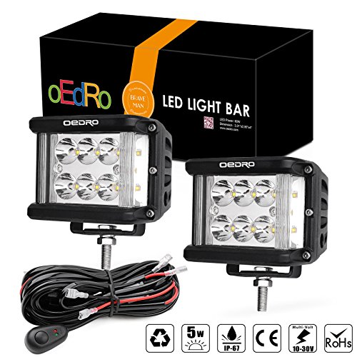 oEdRo 2PCS 4 Inch 60W Square LED Cubes Full Reflector Work Lights OffRoad Driving Light Lamps Spot Flood Combo for Jeep Truck ATV SUV Boat 4WD Motorcycle with 2 Leads Wiring Harness, 3 Years Warranty