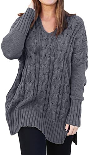 Shawhuwa Womens V Neck Long Sleeve Loose Knit Sweater Pullover Top L Gray