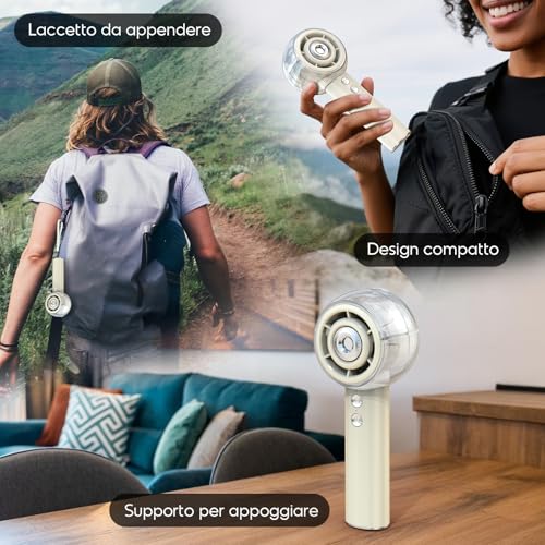 Dnenellr Portable Fan with Nebulizer, Powerful Mini USB Fan, Turbo Motor, 6000mAh Rechargeable Battery, 4 Speeds for Travel, Outdoor, Gift Idea Women Men (Beige)