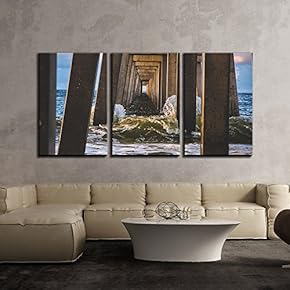 3 Piece Canvas Wall Art - Pillar of Pier by The Seashore - Modern Home Art Stretched and Framed Ready to Hang - 16"x24"x3 Panels