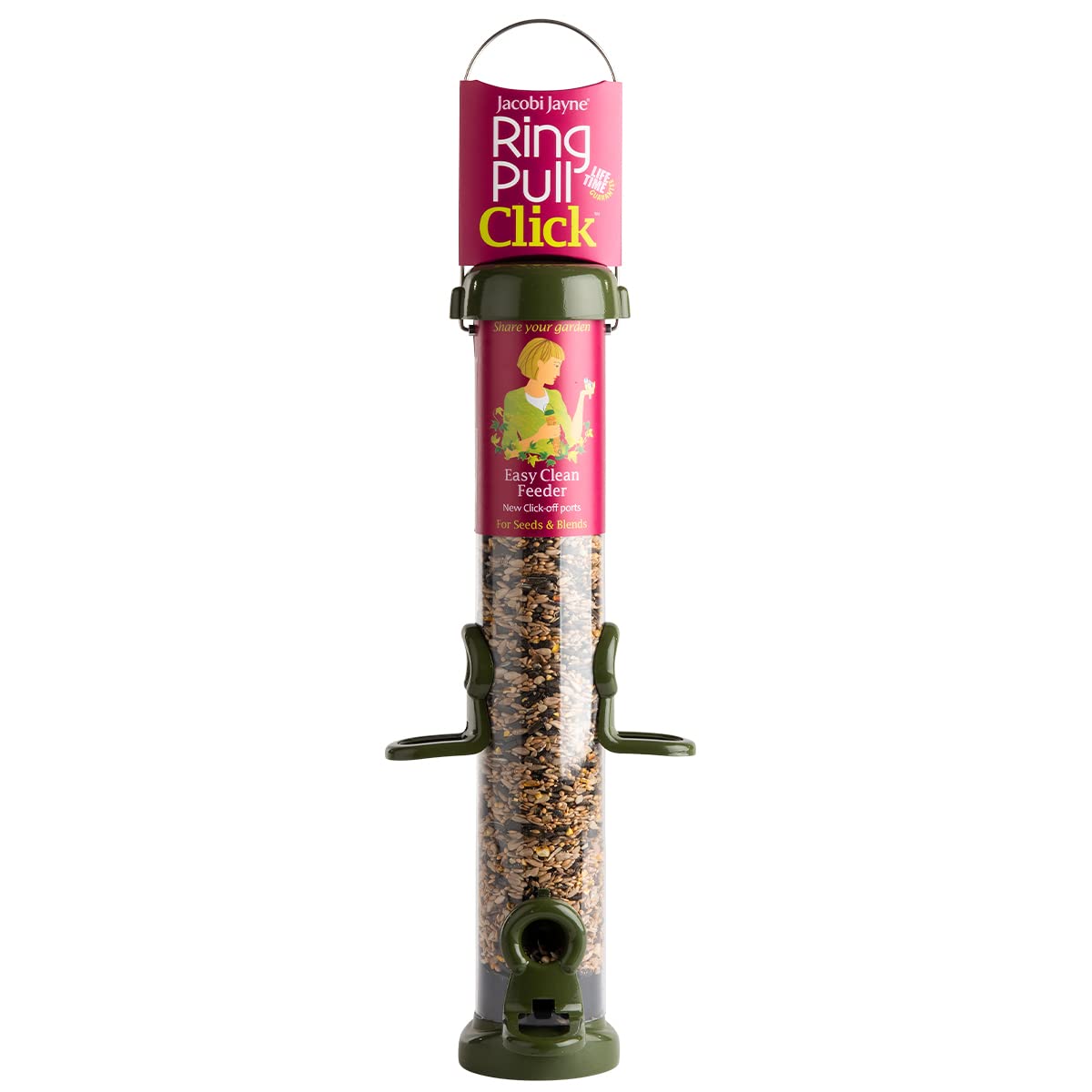Medium Metal Bird Feeder for Garden and Wild Birds - Jacobi Jayne® Ring-Pull® Click Medium Seed Feeder, Green - Heavy Duty Metal Bird Feeder Perfect for Offering Seed Blends and Mixes