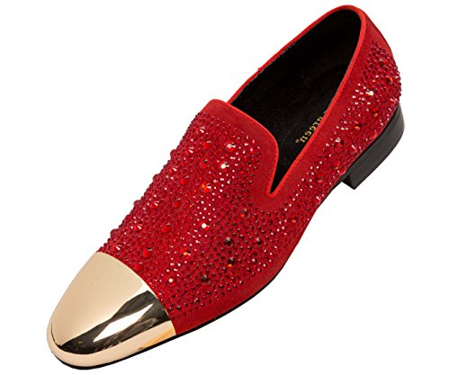 Asher Green Mens Tonal Crystal Covered Suede Slip-On, Gold Metal Cap-Toe Dress Shoe