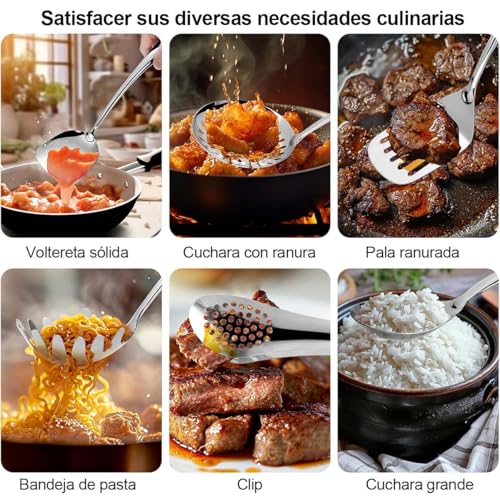 Juego de Utensilios de Cocina de Acero Inoxidable 11pcs Antiadherentes con Mango Resistente al Calor Accesorios de Cocina con Cucharones, Palas y Pinzas de Cocina