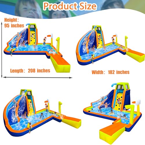 RETRO JUMP Inflatable Water Slide 8 in 1 Bounce House for Kids Backyard Waterslide with Slide,Climbing Wall,Splash Pool,Basketball Rim,Sprinkles,Water Gun,480W Blower Included,Water Park for Summer