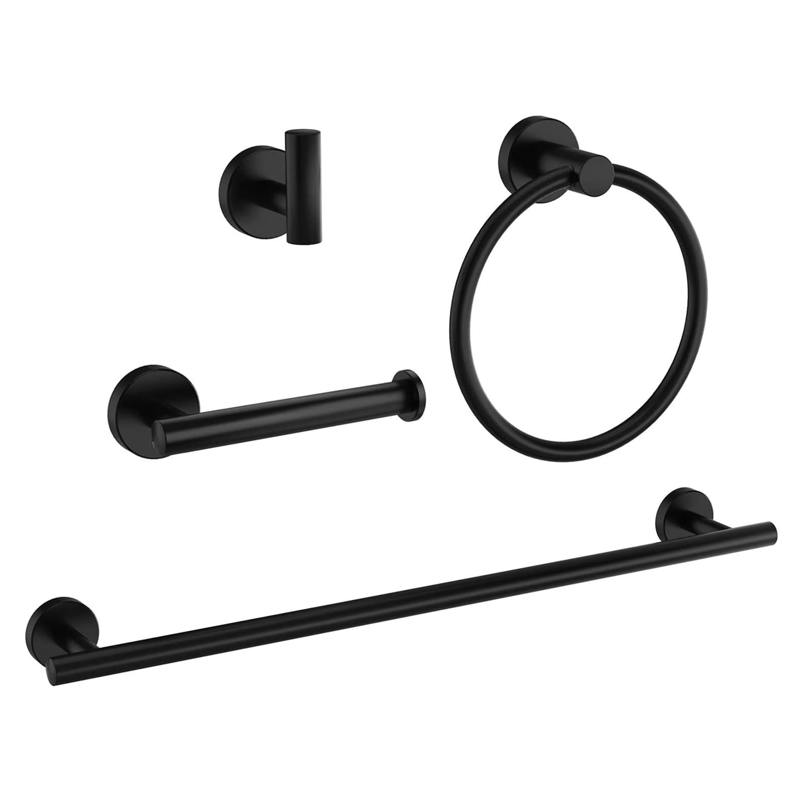 4 Pieces Matte Black Bathroom Hardware, NSCMQSL Bathroom Accessories Set Includes Toilet Paper Holder Round Towel Ring Robe Hook Wall Mounted
