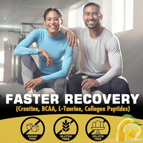 Creatine Monohydrate Gummies for Men & Women - with BCAA, Collagen Peptides, L-Taurine, Vitamin B12, D3, Chewables Creatine Monohydrate 5g Per Serving, Natural Lemon Flavor, Sugar Free, 2 Pack