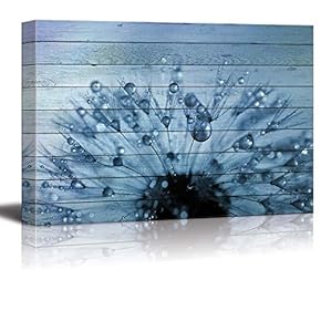 Dandelion Covered in Rain Drops Over Blue Wood Panels - Canvas Art Home Art - 12x18 inches