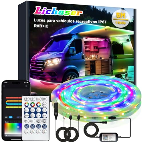 Lichaser Waterproof RV LED Strip Lights 12V IP67 RGB+IC with APP and Remote Control, Indoor Outdoor Lighting for Awning, Motorhome and Van (5 Meters)