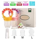Baby Food Feeder Pacifier, 2 Pack Kid Fresh Fruit Feeder Nibbler,Infant Teething Toys Teethers for Toddlers With One Pacifier Clip Holder &Toothbrush, 3 Pcs Replacement Silicone Pouches,Lideemo