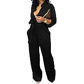Women Jumpsuits For Elegant Sexy V Neck Long Sleeve Casual for Work Wide Leg Pants with Pockets Belt