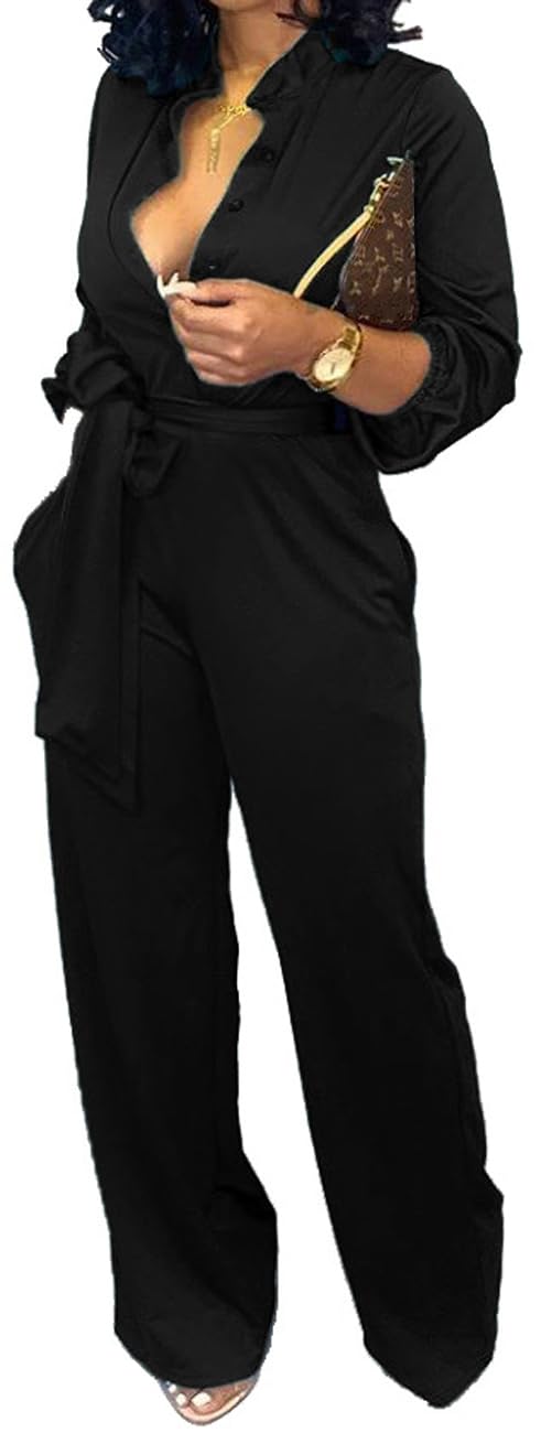 Photo 1 of ** UNKNOWN SIZE*** Jumpsuits For Women Elegant V Neck Long Sleeve Sexy Stand Collar Button Down Straight Long Pants Business Rompers With Pockets Waistband