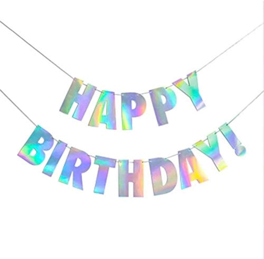 CC HOME Iridescent Party Supplies, Silver Happy Birthday Banner, Iridescent Silver Garland Decorations Set for Baby Shower,Birthday Party Decorations Supplies