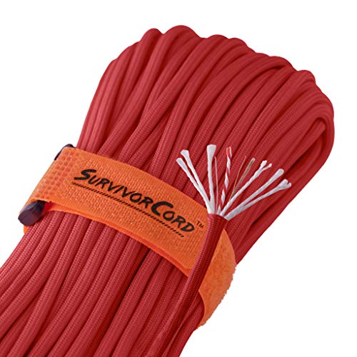 Titan SurvivorCord | RED | 103 Feet | Patented Military Type III 550 Paracord/Parachute Cord (3/16" Diameter) with Integrated Fishing Line, Fire-Starter, and Utility Wire.