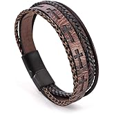 REchoLI Cross Bracelet for Men,Black/Brown Multi-Layer Leather Cross Bracelet with Stainless Steel Buckle Religious Wristband Christian Jewelry 21 cm 8.26 inches