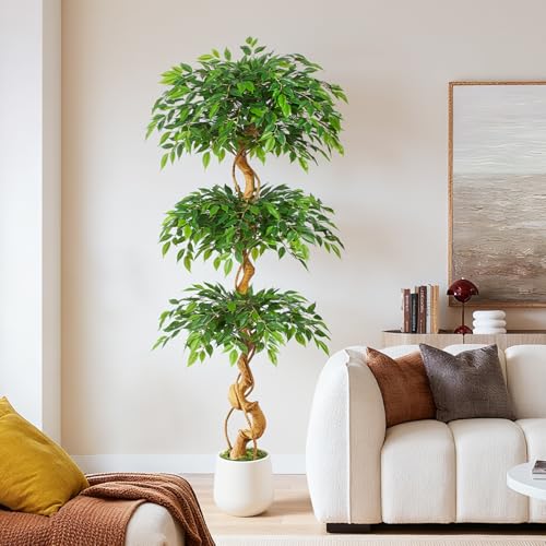Keeplush - Artificial Ficus Plant, 180cm with White Pot, Real Large Artificial Plants with Curved Trunk and 1860 Leaves Artificial Tree for Indoor Living Room Decor