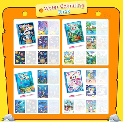 DMG 4 Pack Cartoon Water Coloring Magic Book With Water Pen, Toddlers Kids Reusable Painting Unicorn Animal Cartoon Coloring Book Boys Girls Educational Learning Toys Gifts