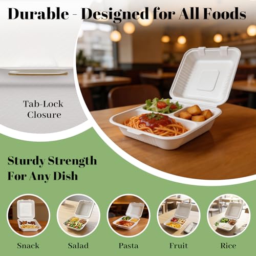 Lucklot 100 Pack Togo 8×9 Inch Disposable 3 Compartment White Clamshell Take Out Containers with Lids, To Go Takeout Lunch Boxes Compostable and Eco-Friendly Biodegradable Bagasse PFAS-Free for Food
